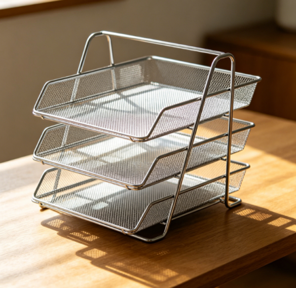 Collapsible Mesh File Tray Organizer, Metal Folding Desk Paper Holder with 3 Storage Levels