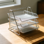 Collapsible Mesh File Tray Organizer, Metal Folding Desk Paper Holder with 3 Storage Levels