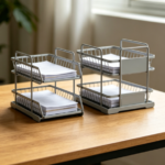 2-Level Folding File Basket Organizer, Collapsible Desktop Tray for Letters and Document Storage