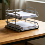 2-Level Folding File Basket Organizer, Collapsible Desktop Tray for Letters and Document Storage