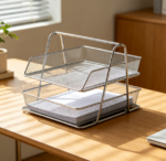 Foldable Mesh File Tray, Metal Desktop Document Organizer with 2 Storage Levels