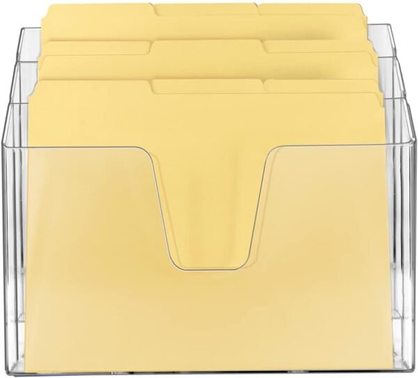 Clear Plastic Horizontal Triple File Folder Organizer, Open-Top Design, Includes 9 Manila Folders, for Letter-Size Document Sorting