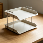 2-Tier Foldable Paper Tray Organizer, Space-Saving File Rack for Desktop Storage