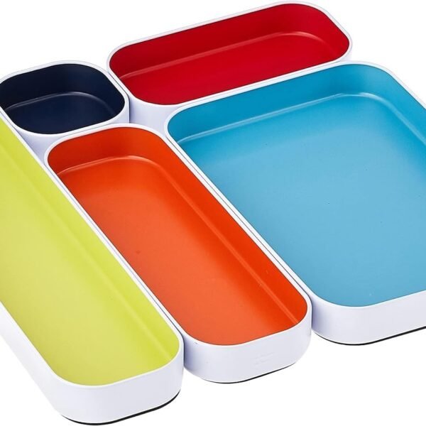 Seattle 5 Piece Shallow Metal Organizer Tray Set for Storing Makeup, Stationery, Utensils, and More in Office Desk, Kitchen and Bathroom Drawers (1 Inch, Assorted Colors)