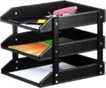 Letter Trays Leather Desk File Organizer, 3-Tier Shelves Document Paper Holder Tray, Office Desktop Accessories Storage Sorter for Folders/Stationery/Bills/Magazine/Newspaper (Black)