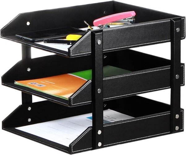 Letter Trays Leather Desk File Organizer, 3-Tier Shelves Document Paper Holder Tray, Office Desktop Accessories Storage Sorter for Folders/Stationery/Bills/Magazine/Newspaper (Black)
