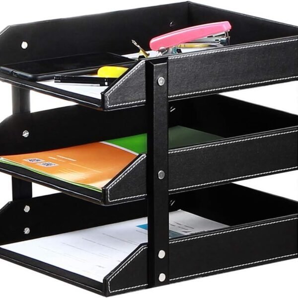 Letter Trays Leather Desk File Organizer, 3-Tier Shelves Document Paper Holder Tray, Office Desktop Accessories Storage Sorter for Folders/Stationery/Bills/Magazine/Newspaper (Black)