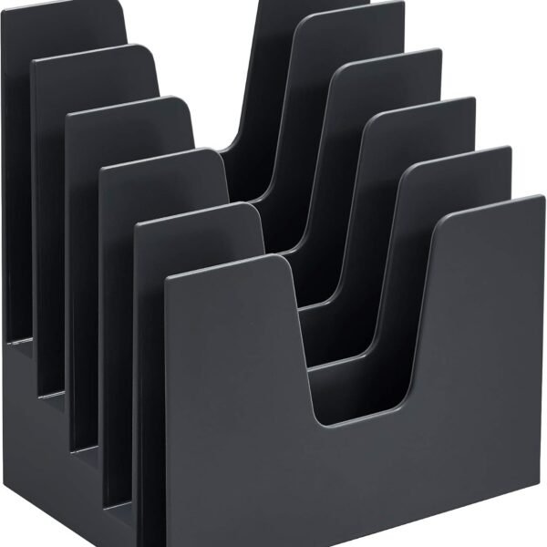 5-Section Incline Plastic Desktop File Sorter, Mail and Folder Organizer Rack for Office, Black
