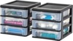 Plastic Stacking Desk Top 3-Drawer Storage Organizer, 2-Pack, for Makeup Vanity Nail Polish Bathroom Stationery Art Craft Supplies Kitchen Office Garage and Small Organization, Small, Black