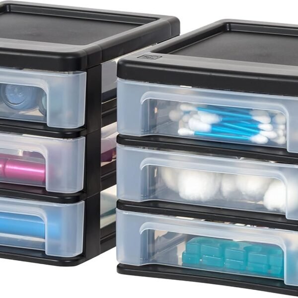 Plastic Stacking Desk Top 3-Drawer Storage Organizer, 2-Pack, for Makeup Vanity Nail Polish Bathroom Stationery Art Craft Supplies Kitchen Office Garage and Small Organization, Small, Black