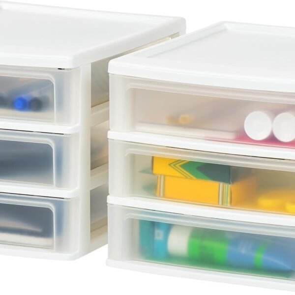 Medium 3-Drawer Desktop Organizer with Open Tray Top, 2 Pack, Plastic Drawer Storage Container for Stationery Art Craft Supplies, White