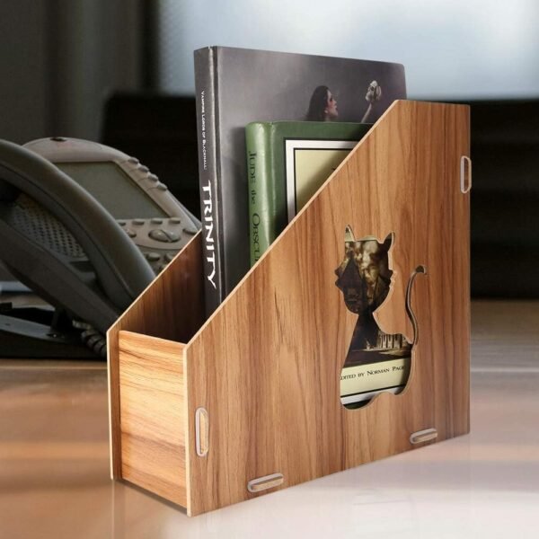 Wooden Hollow-Out Cat Design Desktop Magazine and File Holder, Vertical Document Sorter for Office and Home Desk Accessories