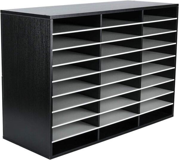 27-Compartment Wooden Literature Organizer with Adjustable Shelves, Holds Up to 13500 Letter-Size Sheets, Student Mailbox for Classroom, Black and White Finish