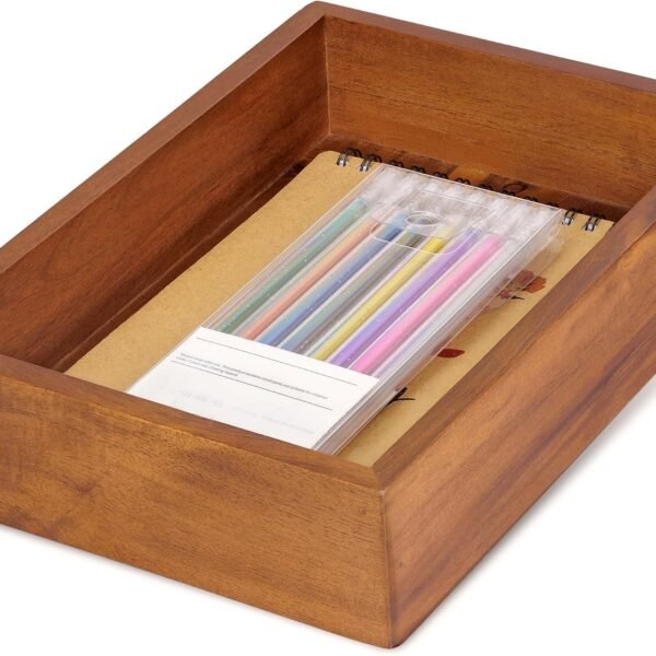 Acacia Wood Desk Organizer Tray - 9.5x6.7x2 Inch Letter & Stationery Holder for Office, Entryway, Desktop - Natural Wood Catchall for Pens, Mail, Keys