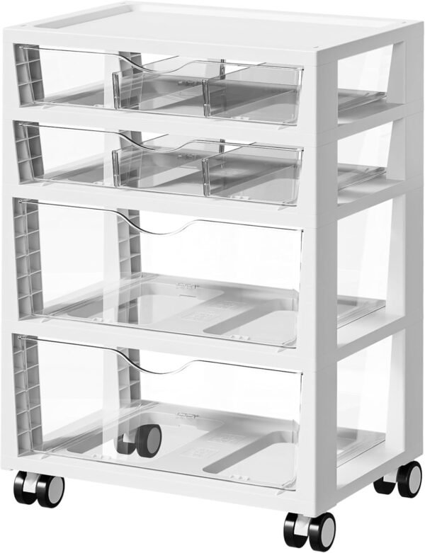 4-Tier Rolling Plastic Drawer Cart with Wheels, Versatile Storage Organizer for Art Supplies, Office Materials, Toys