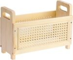 Natural Wooden Desktop Magazine Rack with Built-in Handle, Modern Rattan Hollow-Out Design, Mail and File Holder for Home and Office