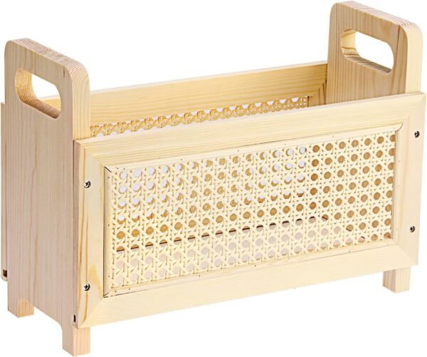 Natural Wooden Desktop Magazine Rack with Built-in Handle, Modern Rattan Hollow-Out Design, Mail and File Holder for Home and Office