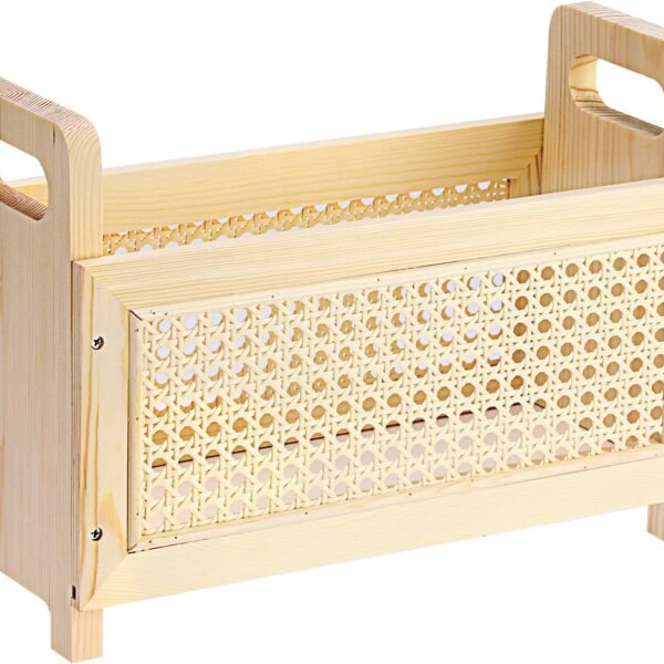 Natural Wooden Desktop Magazine Rack with Built-in Handle, Modern Rattan Hollow-Out Design, Mail and File Holder for Home and Office