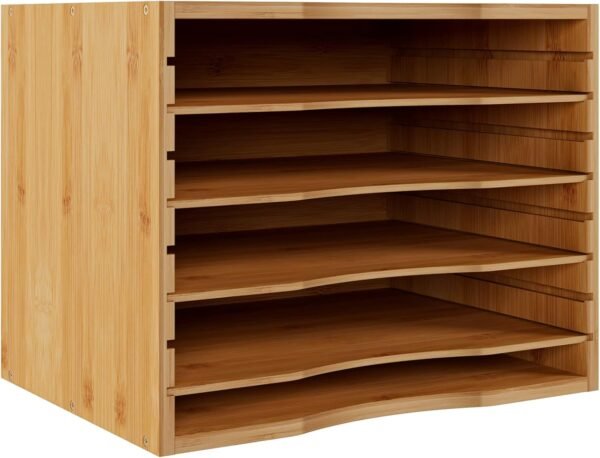 5-Tier Natural Bamboo Desktop Organizer, Adjustable Shelves Paper Mail Sorter, File Holder for Letter Documents in School, Home, and Office