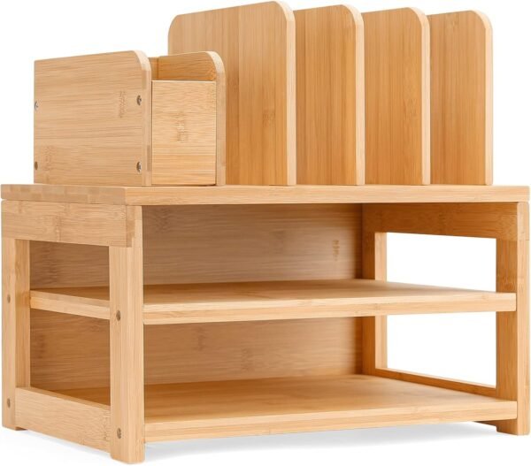 3-Tier Natural Bamboo Desk Organizer with File Holder, Adjustable Pen Storage, Desktop Letter Paper Tray for Workplace, Home, and School