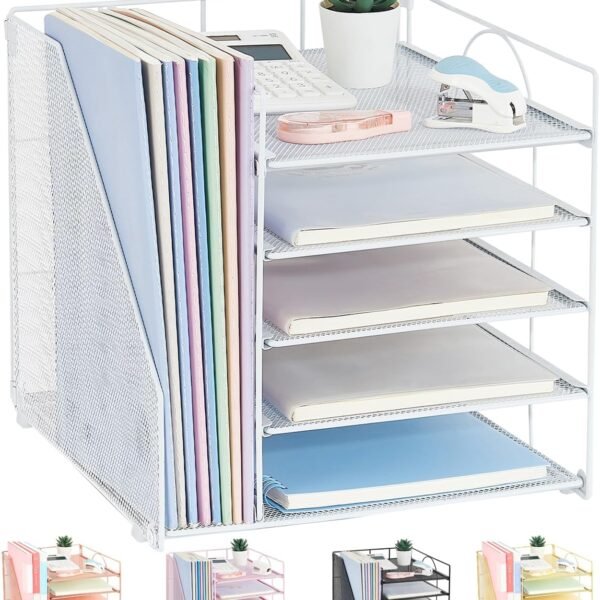 Desk Organizers and Accessories, 5-Tier Paper Letter Tray Organizer with File Holder, Desktop Organizer for Office Supplies, Office Desk Accessories & Workspace (White)