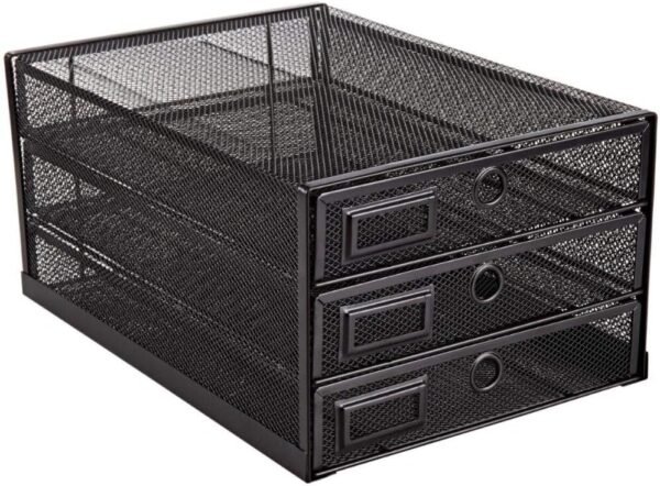 3-Tier Black Wire Mesh Desk Organizer with Sliding Drawers, Multifunctional Paper Sorter for Letters, Documents, Mail, Files, and Kids' Art Supplies