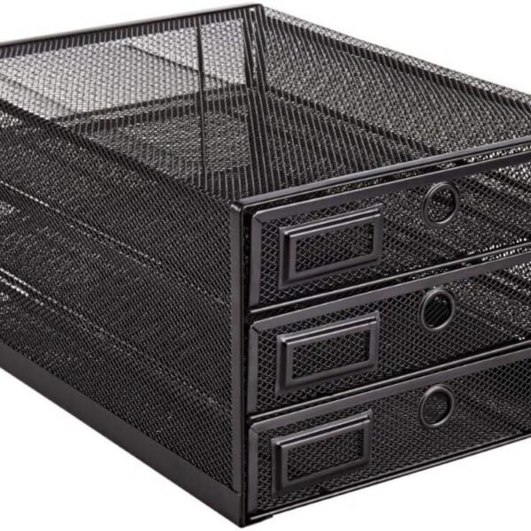 3-Tier Black Wire Mesh Desk Organizer with Sliding Drawers, Multifunctional Paper Sorter for Letters, Documents, Mail, Files, and Kids' Art Supplies