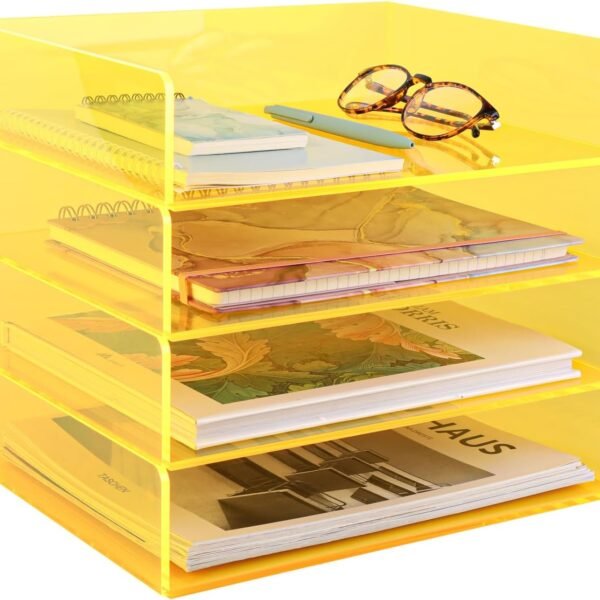 Acrylic File Organizer for Desk 4 Tiered Stackable Letter Tray Office Paper Storage Desktop Document Sorter, Neon Yellow