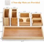 Bamboo Desk Organizer Tray, 7 Pieces Adjustable Office Supplies Pencil Stationery Caddy, Small Desktop Organizer Pen Holder, Desk Organization Storage Boxes and Accessories for Office