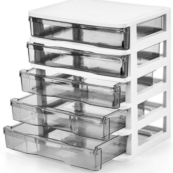 5-Drawer Mini Plastic Storage Bin, White Frame with Clear Drawers, Desktop Container for Crafts, Accessories, and Stationery
