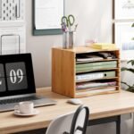 5-Tier Natural Bamboo Desktop Organizer, Adjustable Shelves Paper Mail Sorter, File Holder for Letter Documents in School, Home, and Office