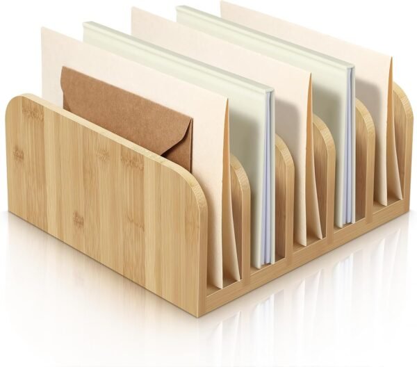 Bamboo Desktop Mail and File Organizer, 5-Compartment Letter Sorter with Envelope Holders and Anti-Slip Mat, for Home, Office, and School Document Storage