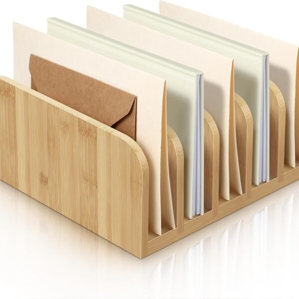 Bamboo Desktop Mail and File Organizer, 5-Compartment Letter Sorter with Envelope Holders and Anti-Slip Mat, for Home, Office, and School Document Storage