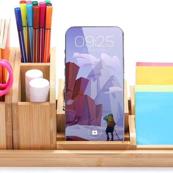 Bamboo Desk Organizer Tray, 7 Pieces Adjustable Office Supplies Pencil Stationery Caddy, Small Desktop Organizer Pen Holder, Desk Organization Storage Boxes and Accessories for  Office