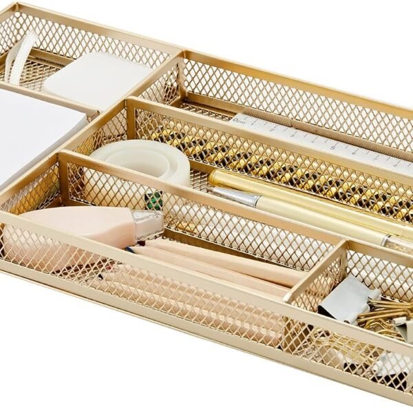 Desk Drawer Organizer Tray for Office Organization - Metal Mesh - Storage Tray with Dividers for Pens, Desktop Accessories, Bathroom, Kitchen, Makeup and Office Supplies (Small, Gold)