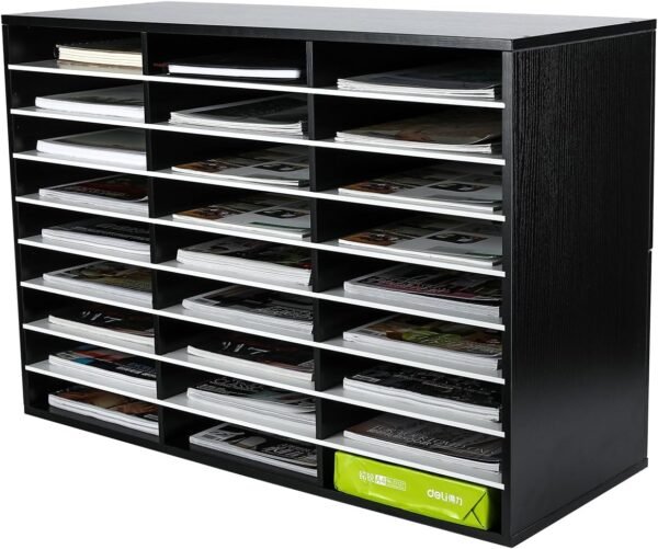 27-Compartment Wooden Literature Organizer with Adjustable Shelves, Holds Up to 13500 Letter-Size Sheets, Student Mailbox for Classroom, Black and White Finish
