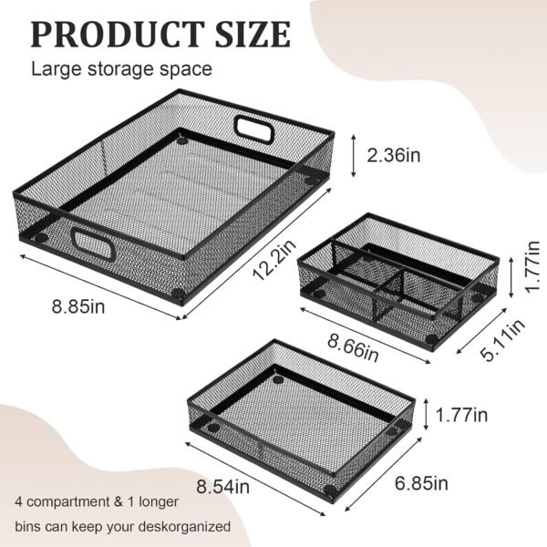 Desk Drawer Organizer, Office Drawer Divider Organizer Tray 3 Pack, Metal Mesh Desktop Organization and Accessories for Stationery Makeup Kitchen Toolroom Office