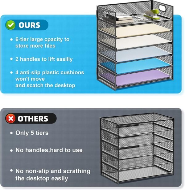 6-Tier Mesh Black Desktop File Organizer with Handle, Letter/A4 Paper Sorter and Folder Holder