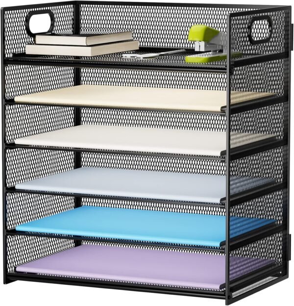 6-Tier Mesh Black Desktop File Organizer with Handle, Letter/A4 Paper Sorter and Folder Holder