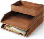 Set of 3 Brown Wooden Letter-Size Desk Trays, Heavy-Duty 3-Tier Stackable Paper Tray and Inbox Drawer Organizer for Files and Magazines