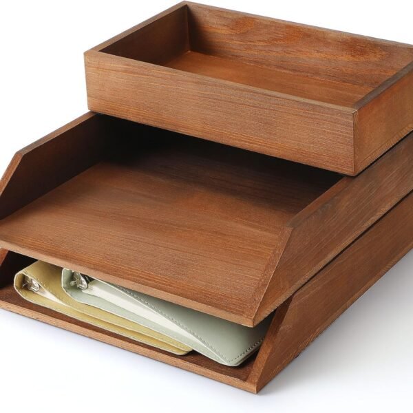 Set of 3 Brown Wooden Letter-Size Desk Trays, Heavy-Duty 3-Tier Stackable Paper Tray and Inbox Drawer Organizer for Files and Magazines