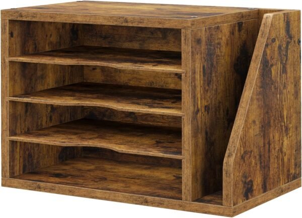 Rustic Brown Wood Desktop File Organizer, 3 Adjustable Shelves Mail and Paper Sorter, Holders for Envelopes, Mail Supplies, and Magazines
