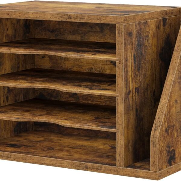Rustic Brown Wood Desktop File Organizer, 3 Adjustable Shelves Mail and Paper Sorter, Holders for Envelopes, Mail Supplies, and Magazines