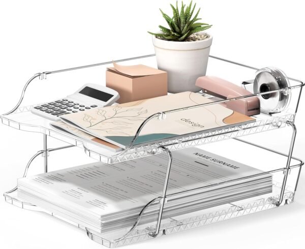 2-Tier Clear Stackable Letter Tray Organizer – Desktop File Holder for A4 Size Paper, Document Sorter, Office Desk Paper Organizer, Transparent File Storage