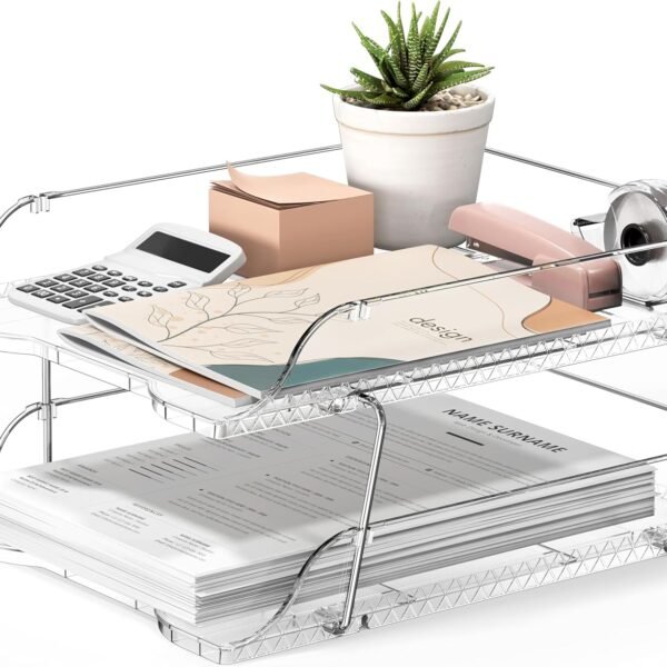2-Tier Clear Stackable Letter Tray Organizer – Desktop File Holder for A4 Size Paper, Document Sorter, Office Desk Paper Organizer, Transparent File Storage