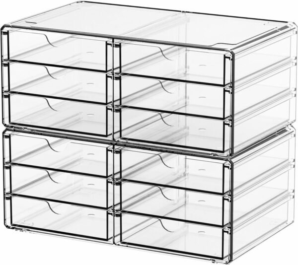 2-Pack Acrylic Stackable Drawer Organizer, 12 Small Compartments, Clear Plastic Storage for Office Supplies, Craft Materials, Pens, and Makeup