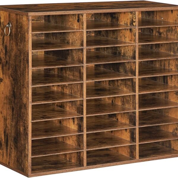 27-Compartment Rustic Brown Wooden Countertop Literature Organizer, Adjustable Shelves Mail Sorter, Student Mailbox for Classroom and Office