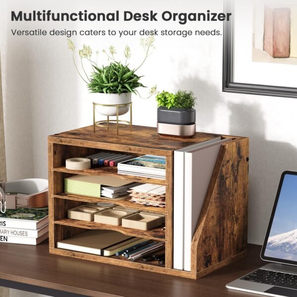 Rustic Brown Wood Desktop File Organizer, 3 Adjustable Shelves Mail and Paper Sorter, Holders for Envelopes, Mail Supplies, and Magazines