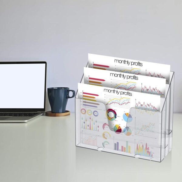 Clear Crystal Plastic Horizontal Triple File Folder Holder, Open-Top Desktop Sorter for Letter-Size Papers and Folders