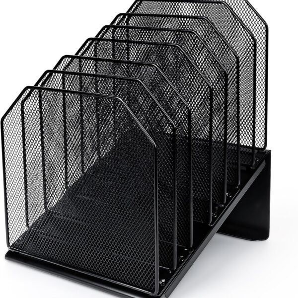 7-Section Inclined Metal Wire Mesh Desktop File Organizer, Vertical Folder Holder Rack for Office, School, Classroom, and Home, Black